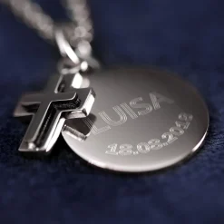 Runder Kettenanhänger mit Kreuz Silber - Name und Datum