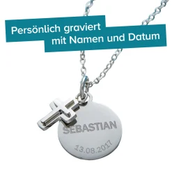 Runder Kettenanhänger mit Kreuz Silber - Name und Datum