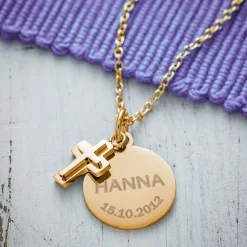 Runder Kettenanhänger mit Kreuz Gold - Name und Datum