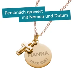 Runder Kettenanhänger mit Kreuz Gold - Name und Datum