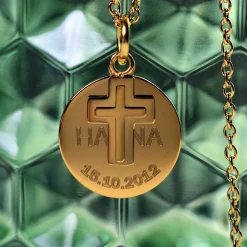 Runder Kettenanhänger mit Kreuz Gold - Name und Datum