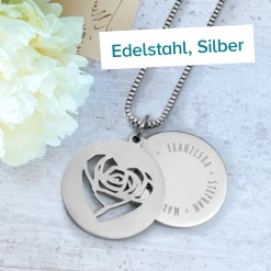 Runder Kettenanhänger Silber - Rosenherz und Namen