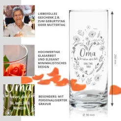 Runde Vase mit Gravur - Blumenherz für Oma