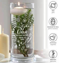Runde Vase mit Gravur - Blumenherz für Oma