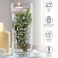 Runde Vase mit Gravur - Blumenherz Oma