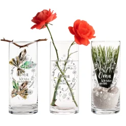 Runde Vase mit Gravur - Blumenherz Oma