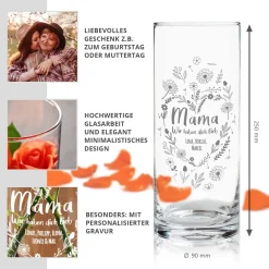 Runde Vase mit Gravur - Blumenherz für Mama