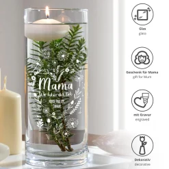 Runde Vase mit Gravur - Blumenherz für Mama