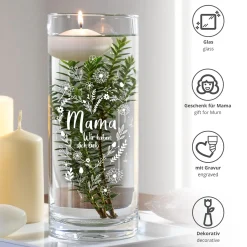 Runde Vase mit Gravur - Blumenherz Mama