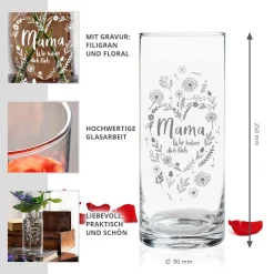 Runde Vase mit Gravur - Blumenherz Mama