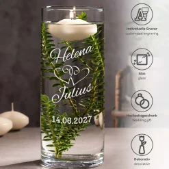 Runde Vase zur Hochzeit - Herzen Gravur