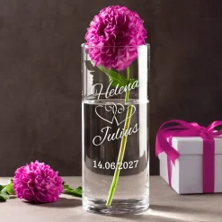 Runde Vase zur Hochzeit - Herzen Gravur