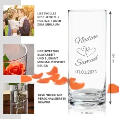 Runde Vase zur Hochzeit - Herzen Gravur