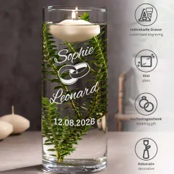 Runde Vase zur Hochzeit - Ringe Gravur