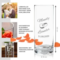 Runde Vase zur Hochzeit - Ringe Gravur