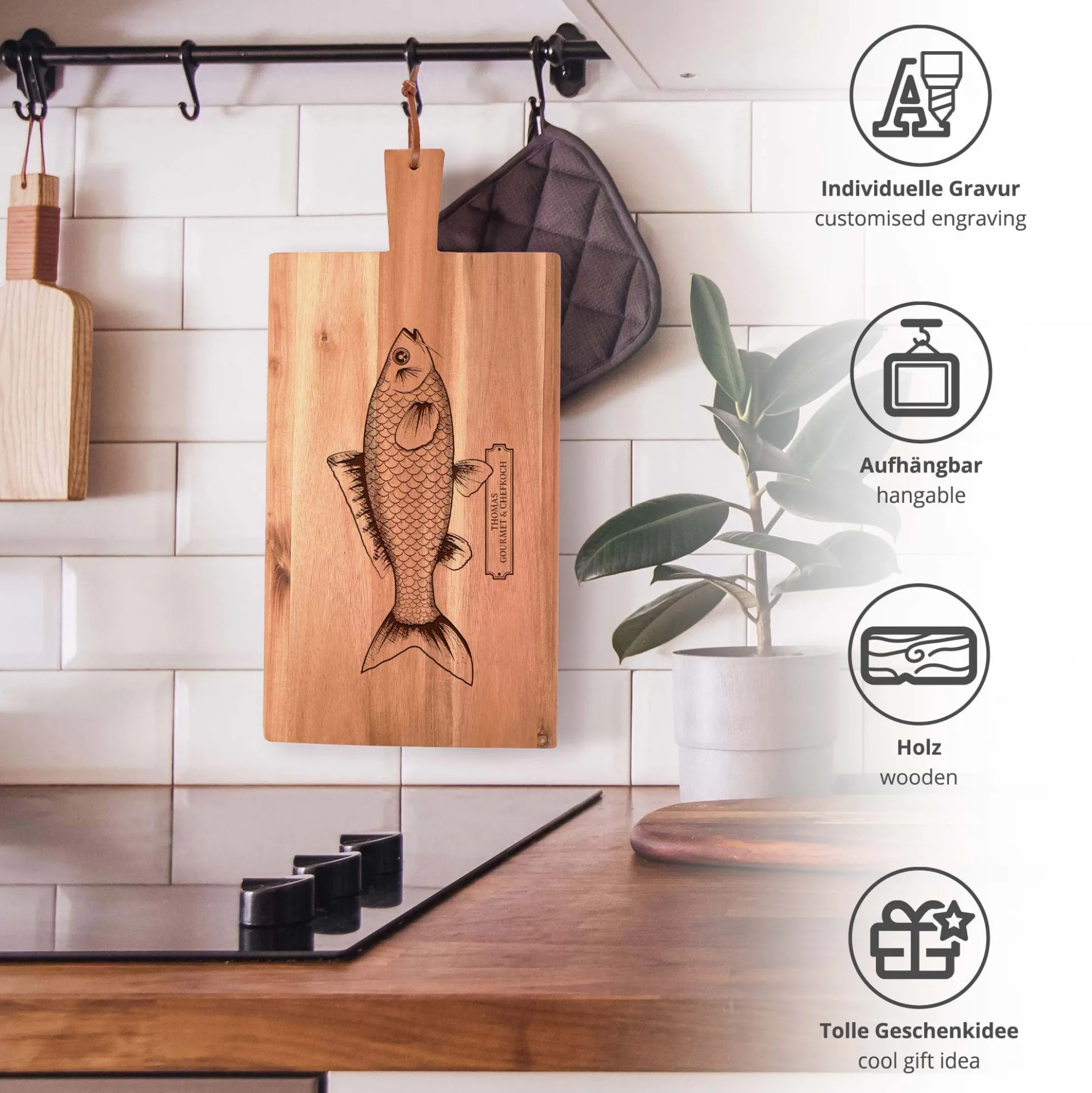 Schneidebrett mit Griff - Fisch - Personalisiert