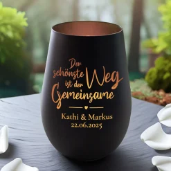 Schwarzes Windlicht mit Gravur Gemeinsamer Weg - Bronze