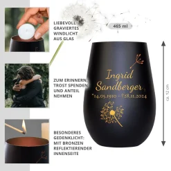 Schwarzes Windlicht mit Gravur Trauerblume - Bronze