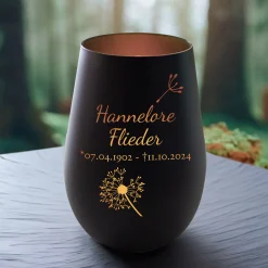 Schwarzes Windlicht mit Gravur Trauerblume - Bronze