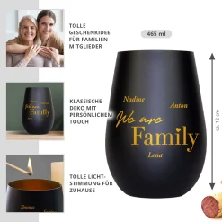 Schwarzes Windlicht mit Gravur - Family