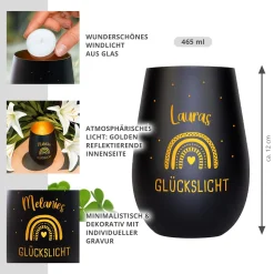 Schwarzes Windlicht mit Gravur - Glückslicht