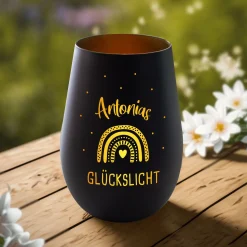 Schwarzes Windlicht mit Gravur - Glückslicht