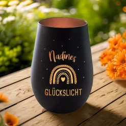 Schwarzes Windlicht mit Gravur Glückslicht - Bronze