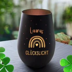 Schwarzes Windlicht mit Gravur Glückslicht - Bronze