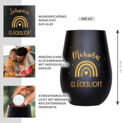 Schwarzes Windlicht mit Gravur Glückslicht - Bronze