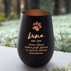 Schwarzes Windlicht zur Trauer für Katze - Bronze