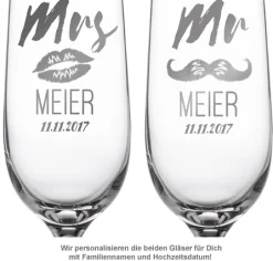 Sektgläser - Mr and Mrs mit Motiv und Namensgravur