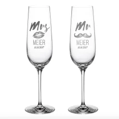 Sektgläser - Mr and Mrs mit Motiv und Namensgravur