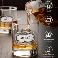 Set mit Diamant Karaffe und 2 Whiskygläsern mit Gravur