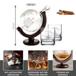 Set mit Globus Karaffe und 2 Whiskygläsern - Kompass Gravur