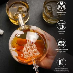 Set mit Globus Karaffe und 2 Whiskygläsern - Kompass Gravur