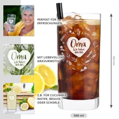 Wasserglas mit Gravur - Blumenherz Oma