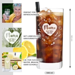 Wasserglas mit Gravur - Blumenherz Mama