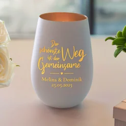 Weißes Windlicht mit Gravur Gemeinsamer Weg - Bronze