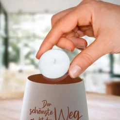 Weißes Windlicht mit Gravur Gemeinsamer Weg - Bronze