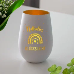 Weißes Windlicht mit Gravur - Glückslicht