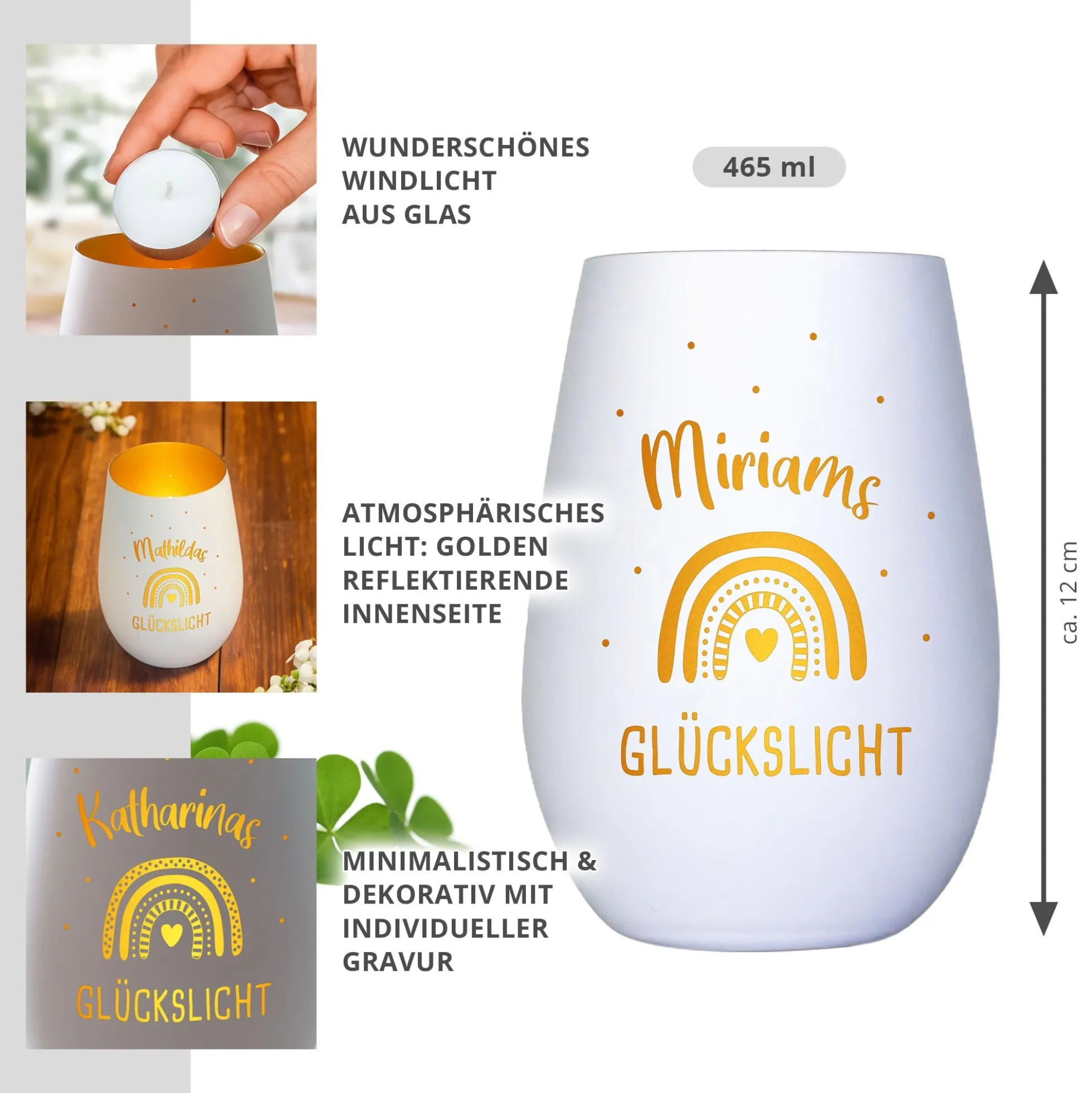 Weißes Windlicht mit Gravur - Glückslicht