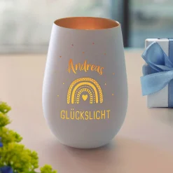 Weißes Windlicht mit Gravur Glückslicht - Bronze