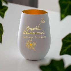 Weißes Windlicht mit Gravur - Trauerblume