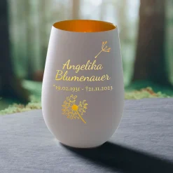 Weißes Windlicht mit Gravur - Trauerblume