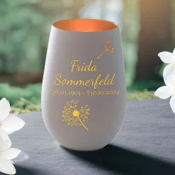 Weißes Windlicht mit Gravur Trauerblume - Bronze