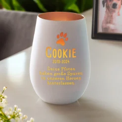 Weißes Windlicht zur Trauer für Hund - Bronze