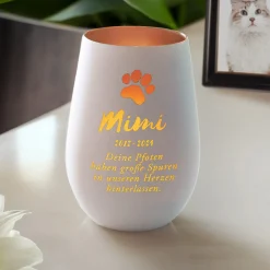 Weißes Windlicht zur Trauer für Katze - Bronze