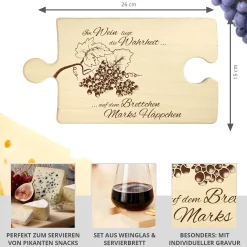 Weinhäppchen - Glas und Puzzle Brettchen personalisiert