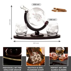 Whisky Set mit Globus Karaffe mit Gravur und 2 Gläsern - Segelschiff