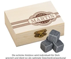 Whisky Steine in Holzkiste mit Gravur - Banderole